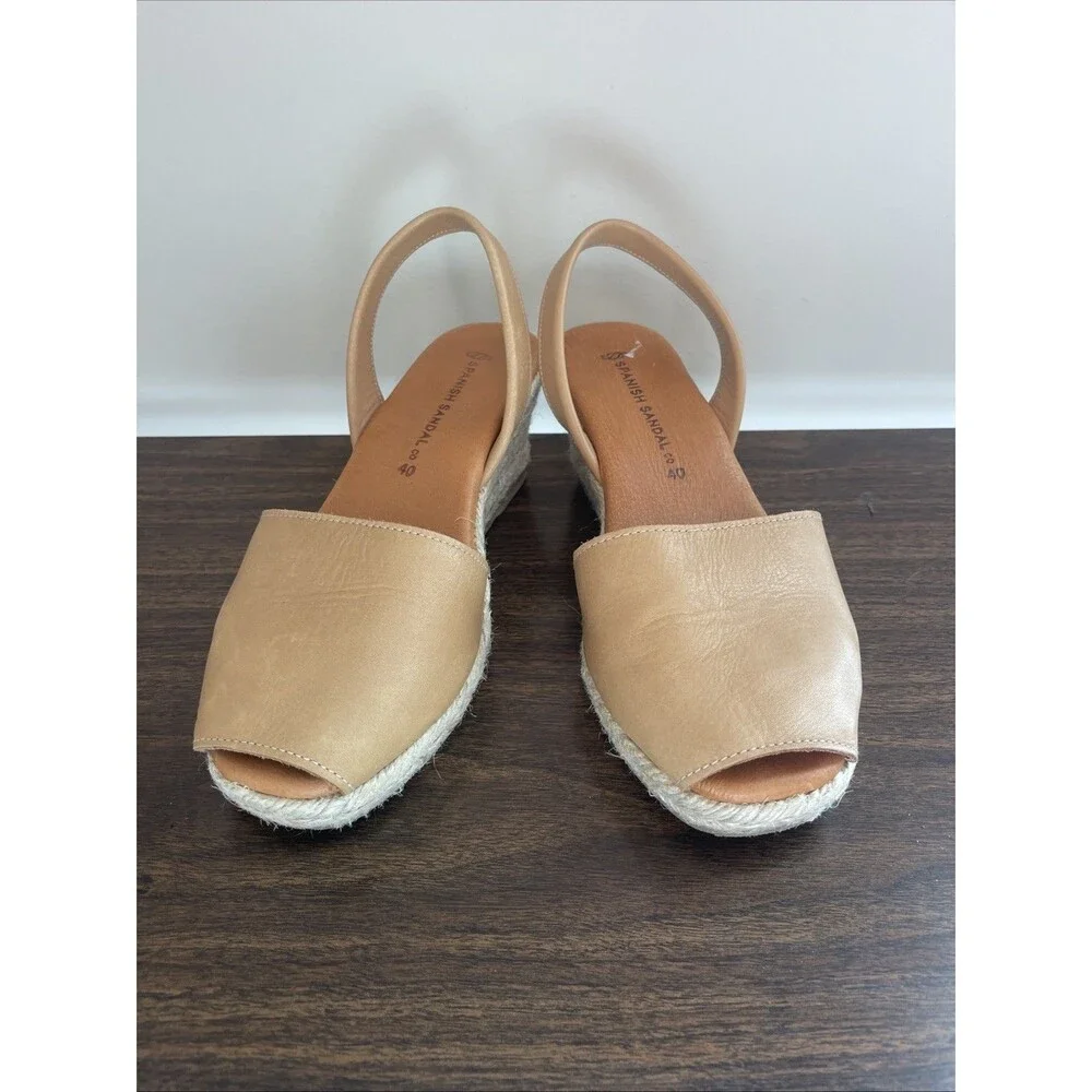Spanish Sandal Co Leather Wedge Espadrilles Tan Slingback Peep Toe Shoes 40 - Picture 3 of 6